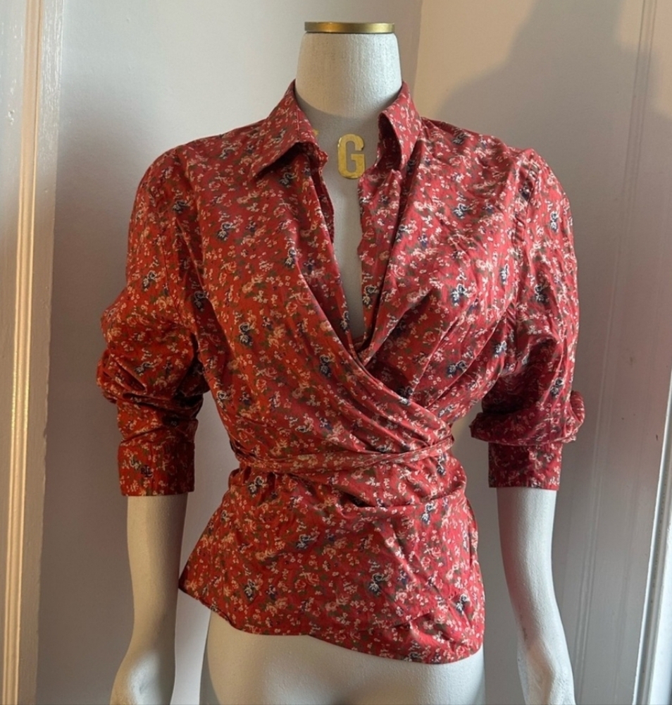 RALPH LAUREN, Lauren, Vintage Wrap / Tie Top, Floral Collared, Long Sleeve